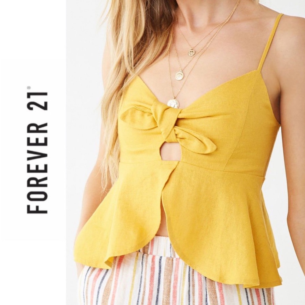 forever 21 linen mustard front tie blouse